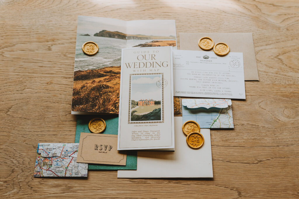 Wedding invitation suite with map, RSVP card, and wax seals