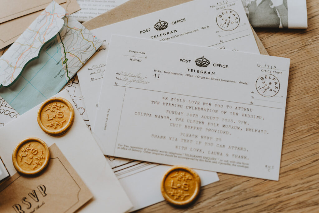 Wedding invitation with telegrams and wax seals: Sunday 24th August 2025