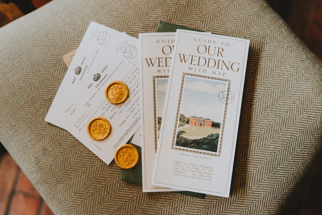 Wedding guide and telegrams with wax seals, featuring a venue illustration