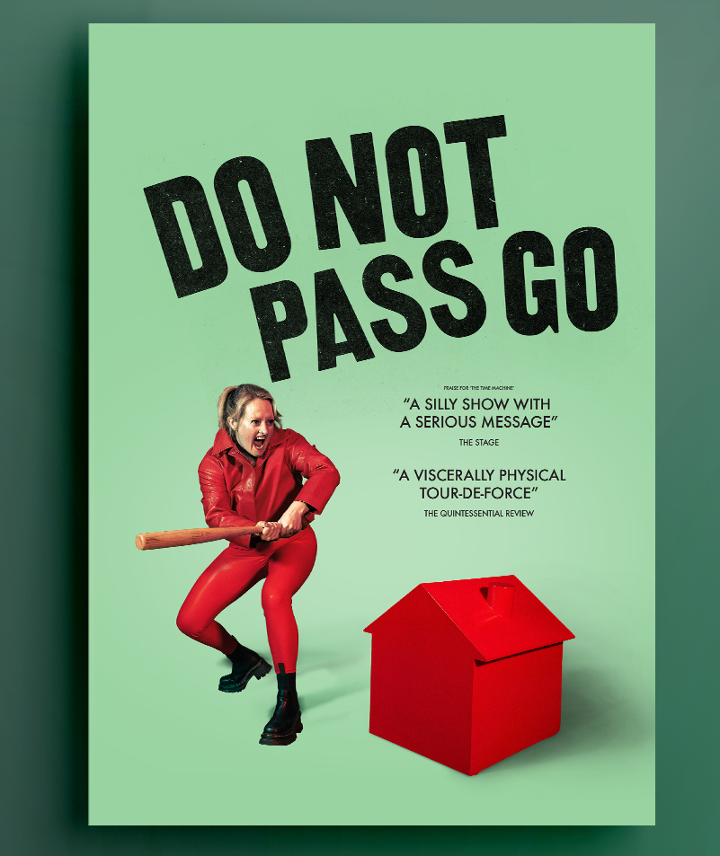 Woman in red suit with baseball bat next to red house, "DO NOT PASS GO" text.